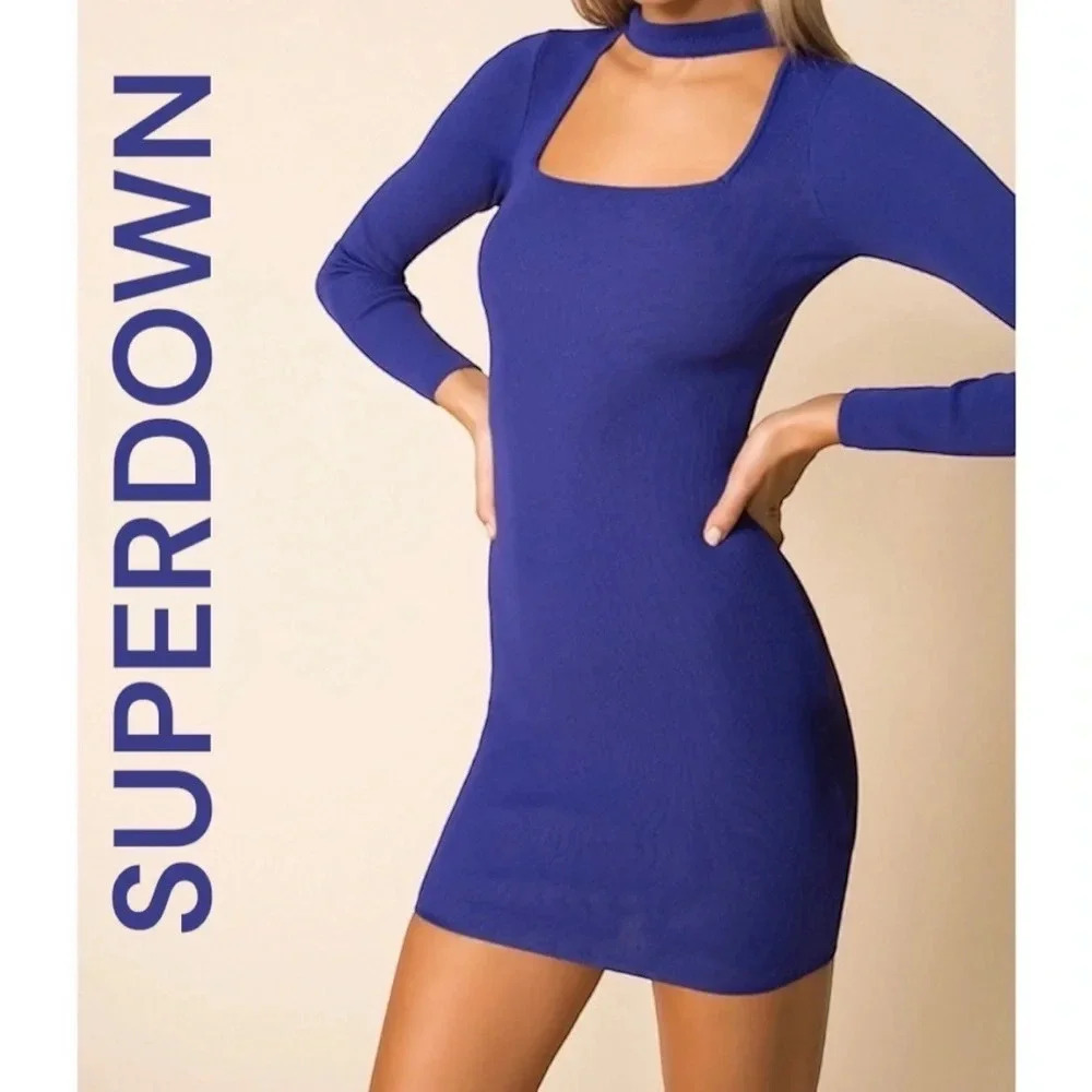SUPERDOWN Jessica Cut Out Mini Dress Bodycon Long Sleeves Indigo‎ Large